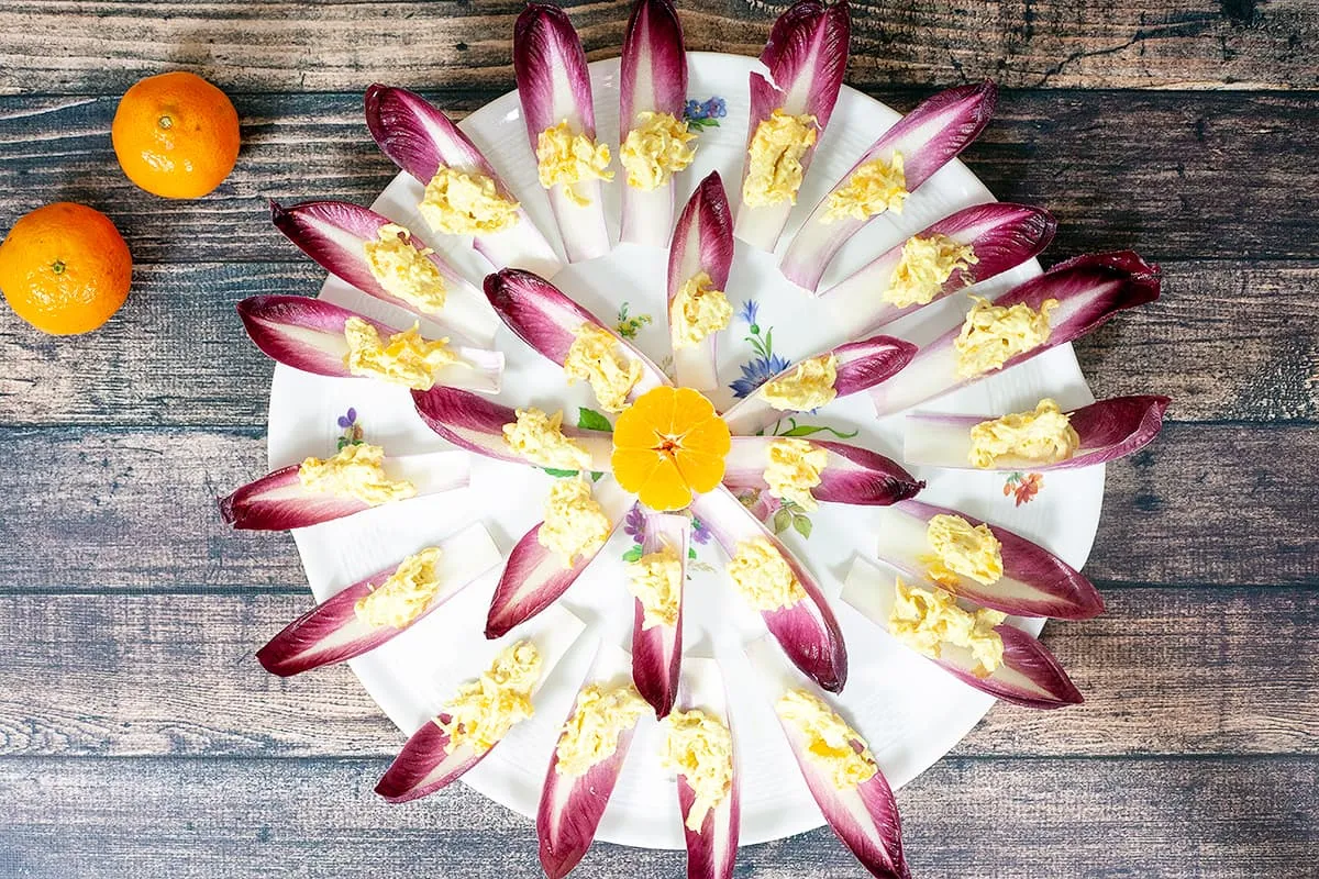 Chicory boats with curried chicken salad