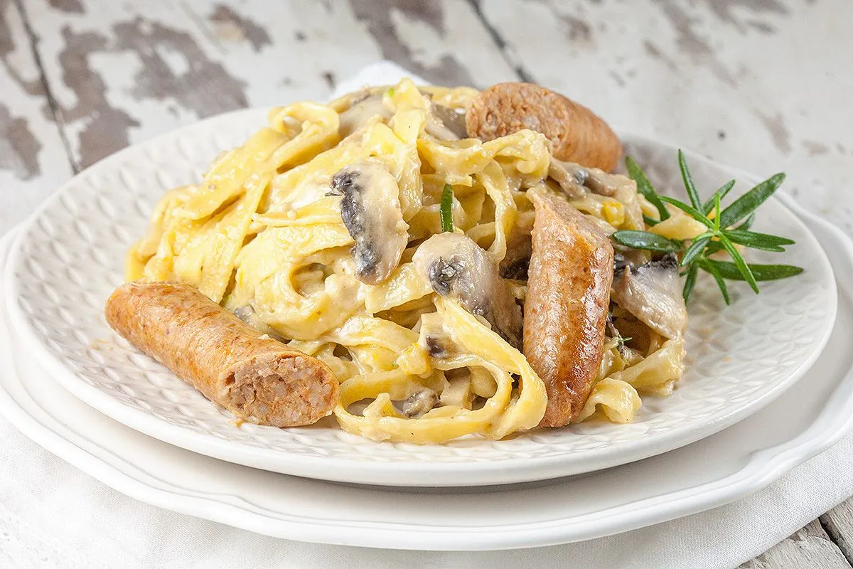 Creamy mushroom pasta with chipolata sausages
