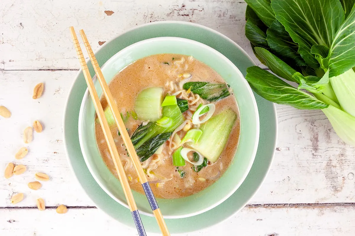 Peanut noodle soup with bok choy (filling soup)