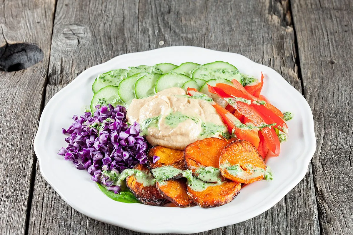 Hummus and baked sweet potato salad