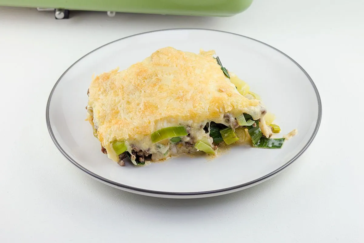 Leek, potato and minced beef bake