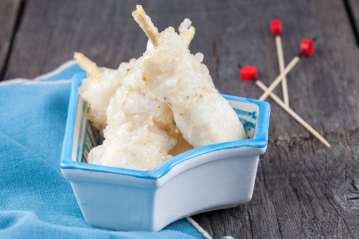 Tempura pangasius skewers