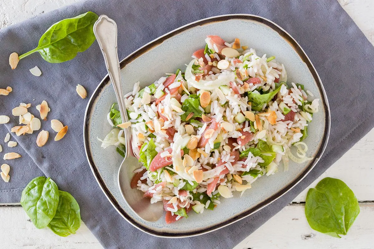 Rice salad with poached pears