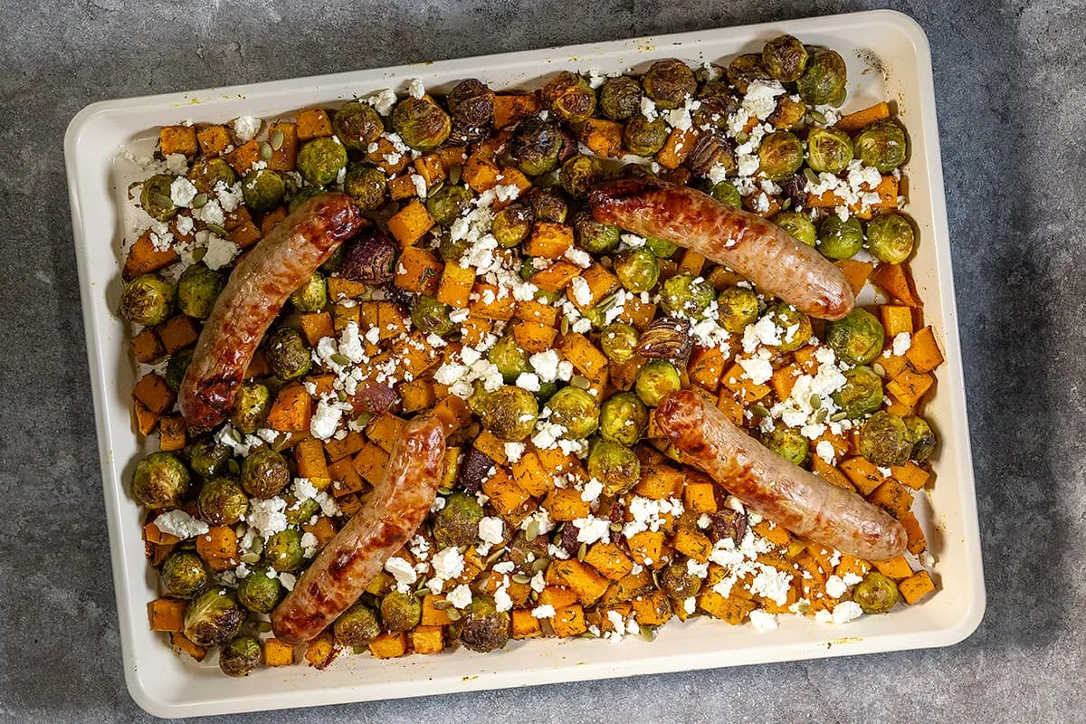 Brussels sprouts and pumpkin traybake