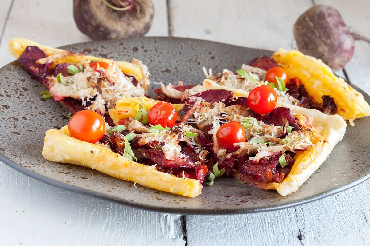 Beetroot and chicken puff pastry tart