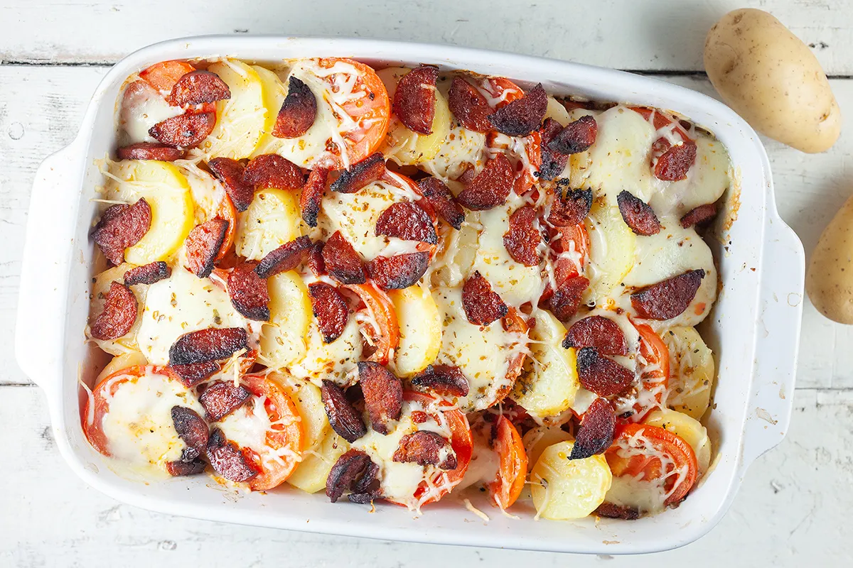 Potato, tomato and chorizo casserole