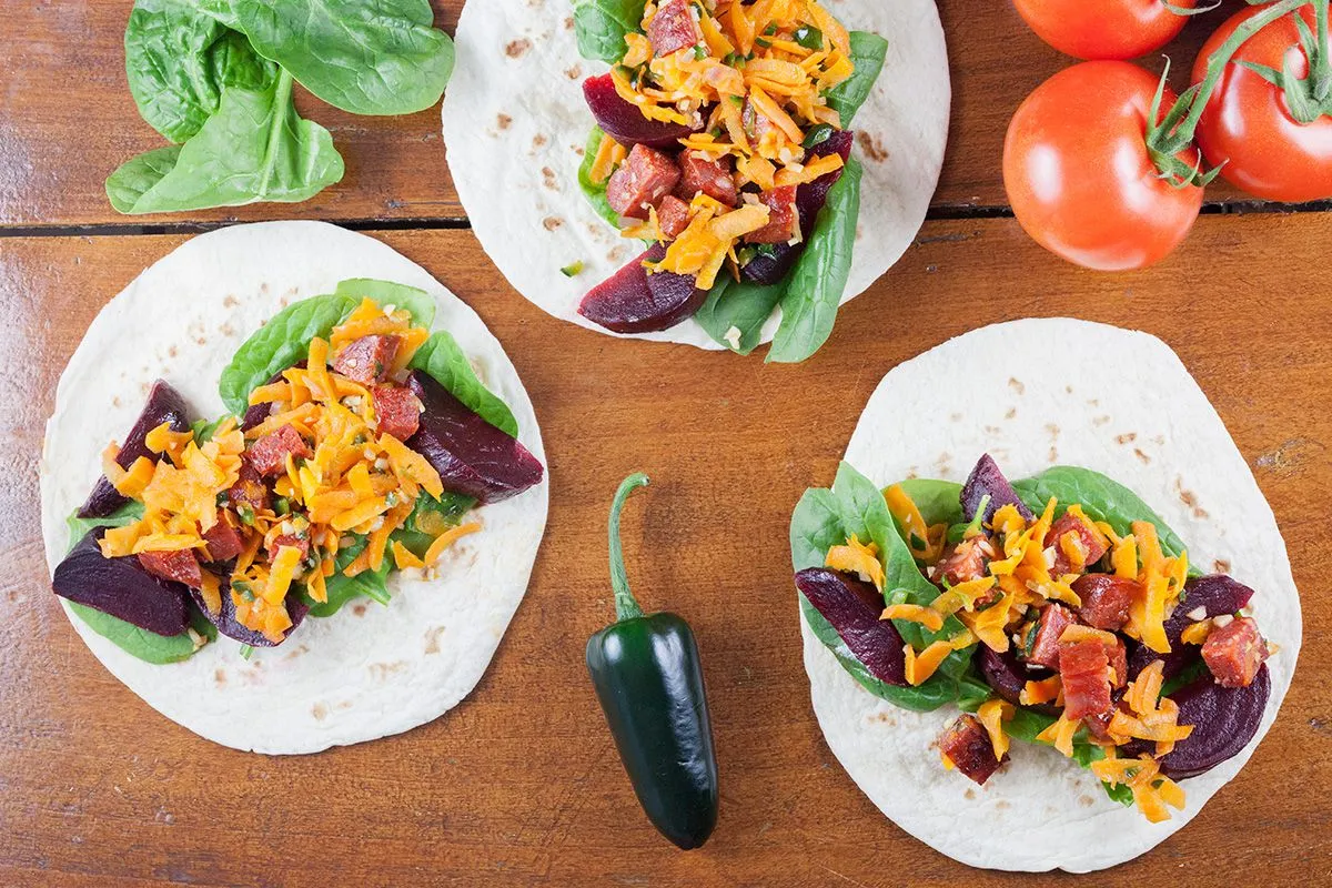 Pickled red beets and chorizo tacos