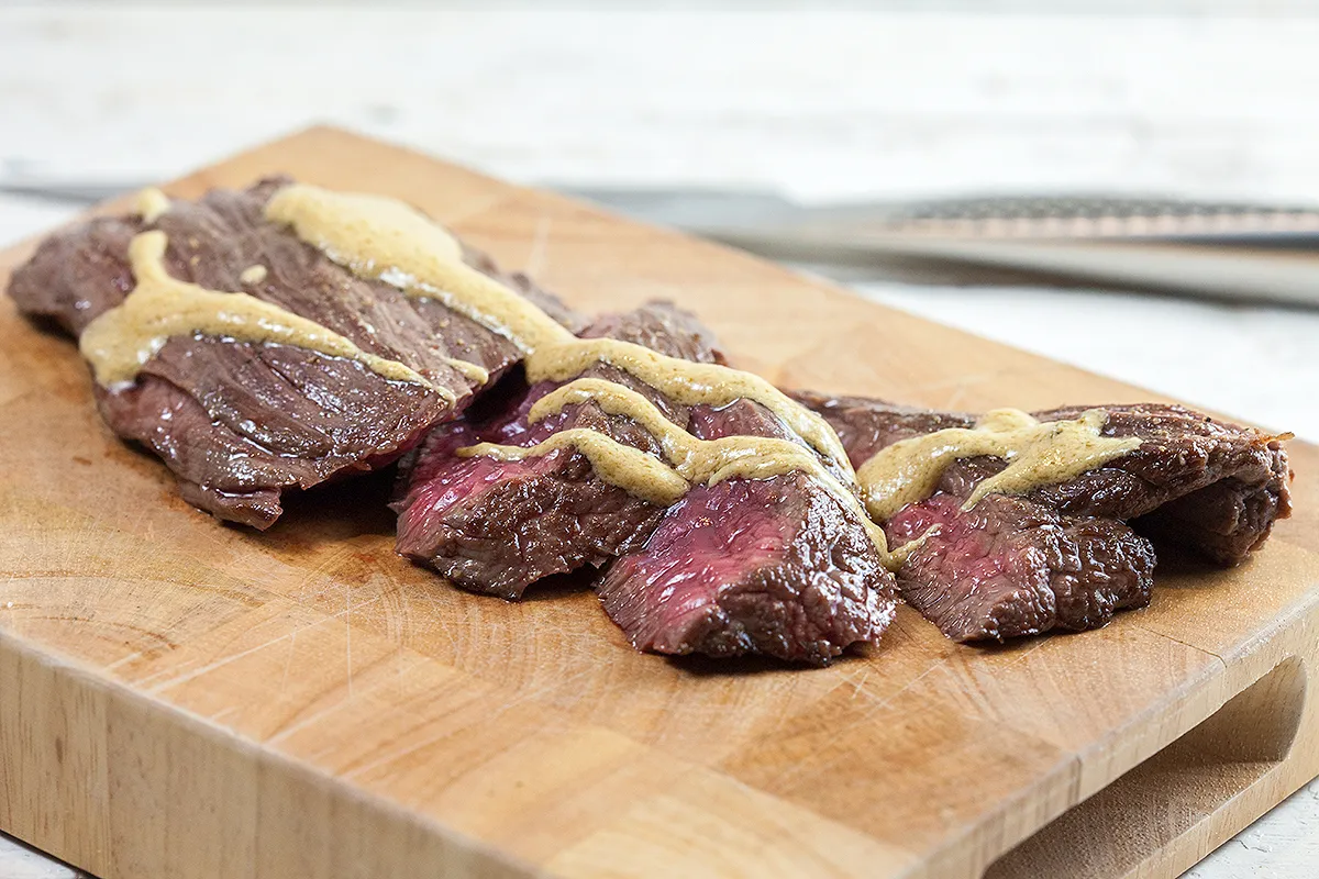 Bavette steak with mustard sauce