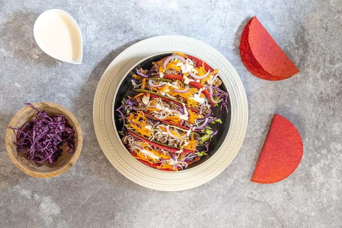 Minced lamb tacos and red cabbage