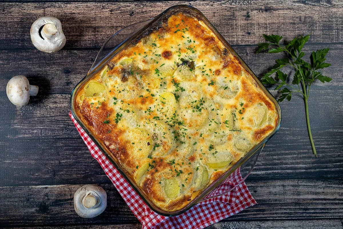 Mushroom and potato bake is a tasty weekday meal
