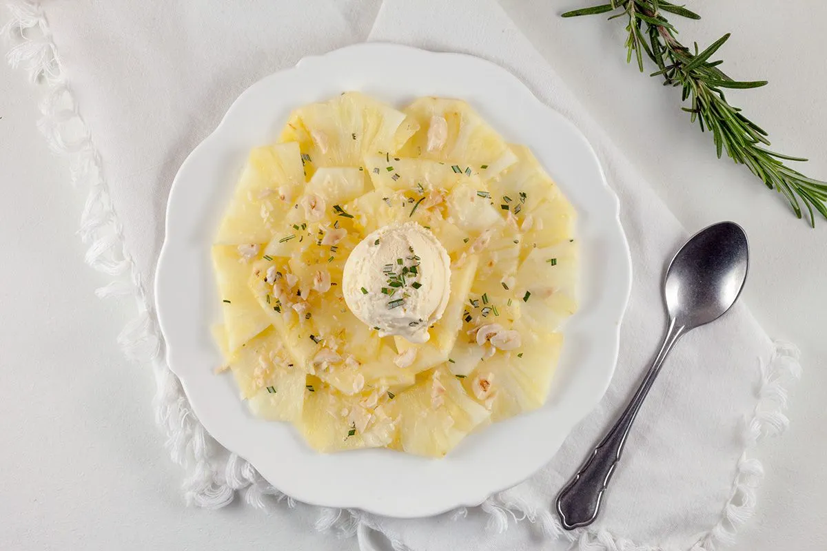 Pineapple carpaccio and rosemary ice cream