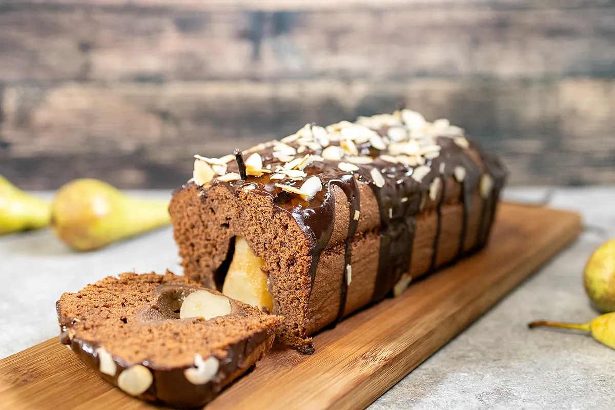 Pear and chocolate loaf cake with ganache