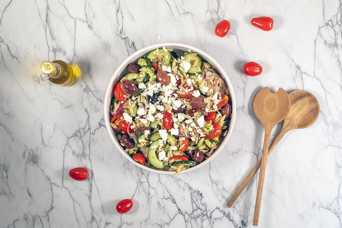 Greek orzo salad with a fresh lemon dressing