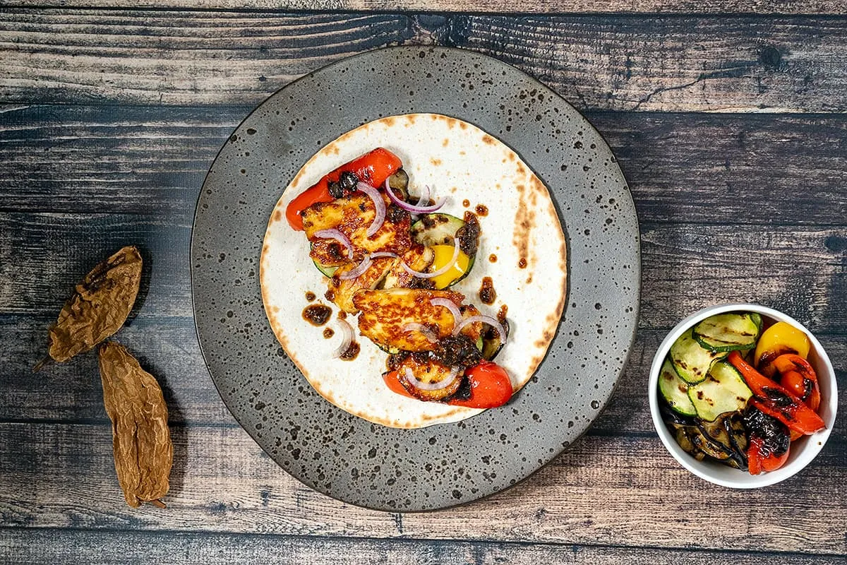 Grilled halloumi and vegetable wraps with chipotle sauce
