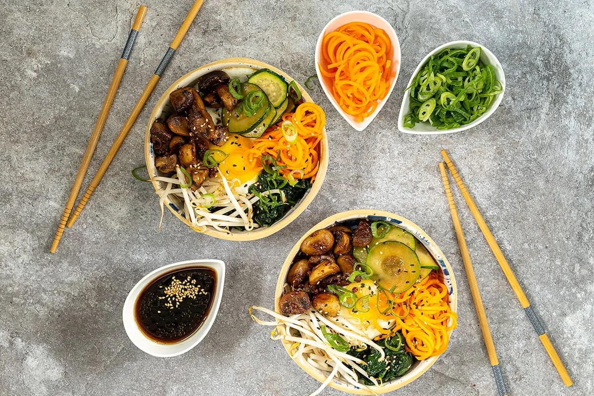 Vegetarian bibimbap with fried mushrooms