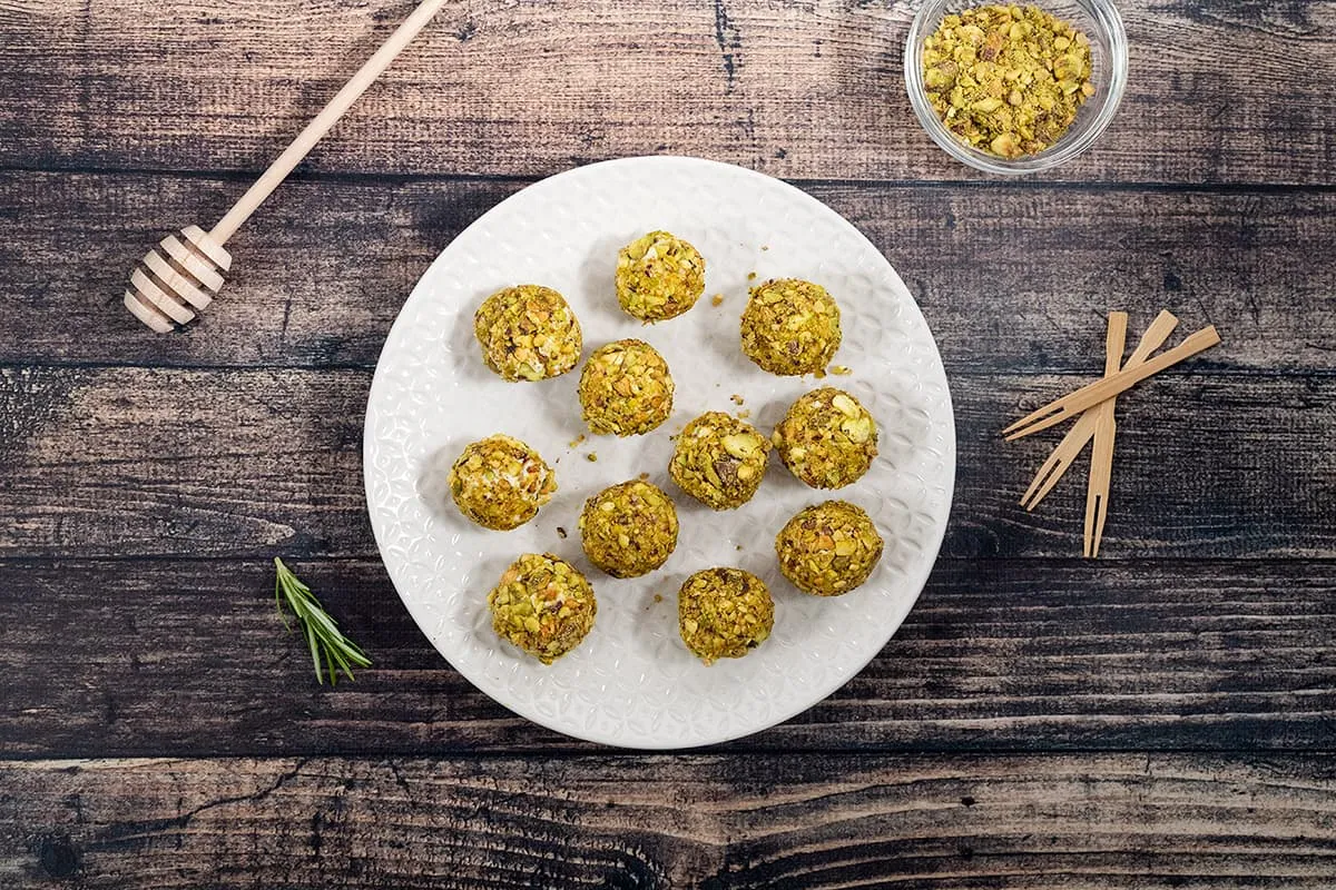 Pistachio goat cheese balls with rosemary