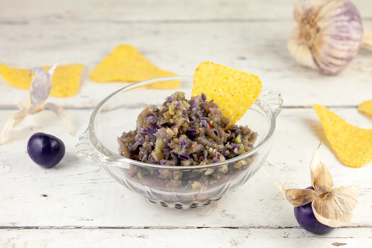 Purple tomatillo salsa