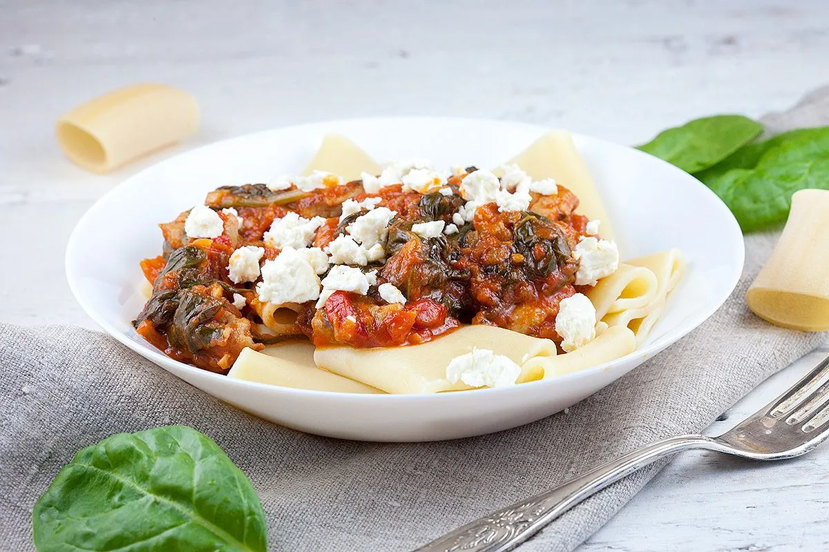 Pork sausage, tomato and spinach pasta