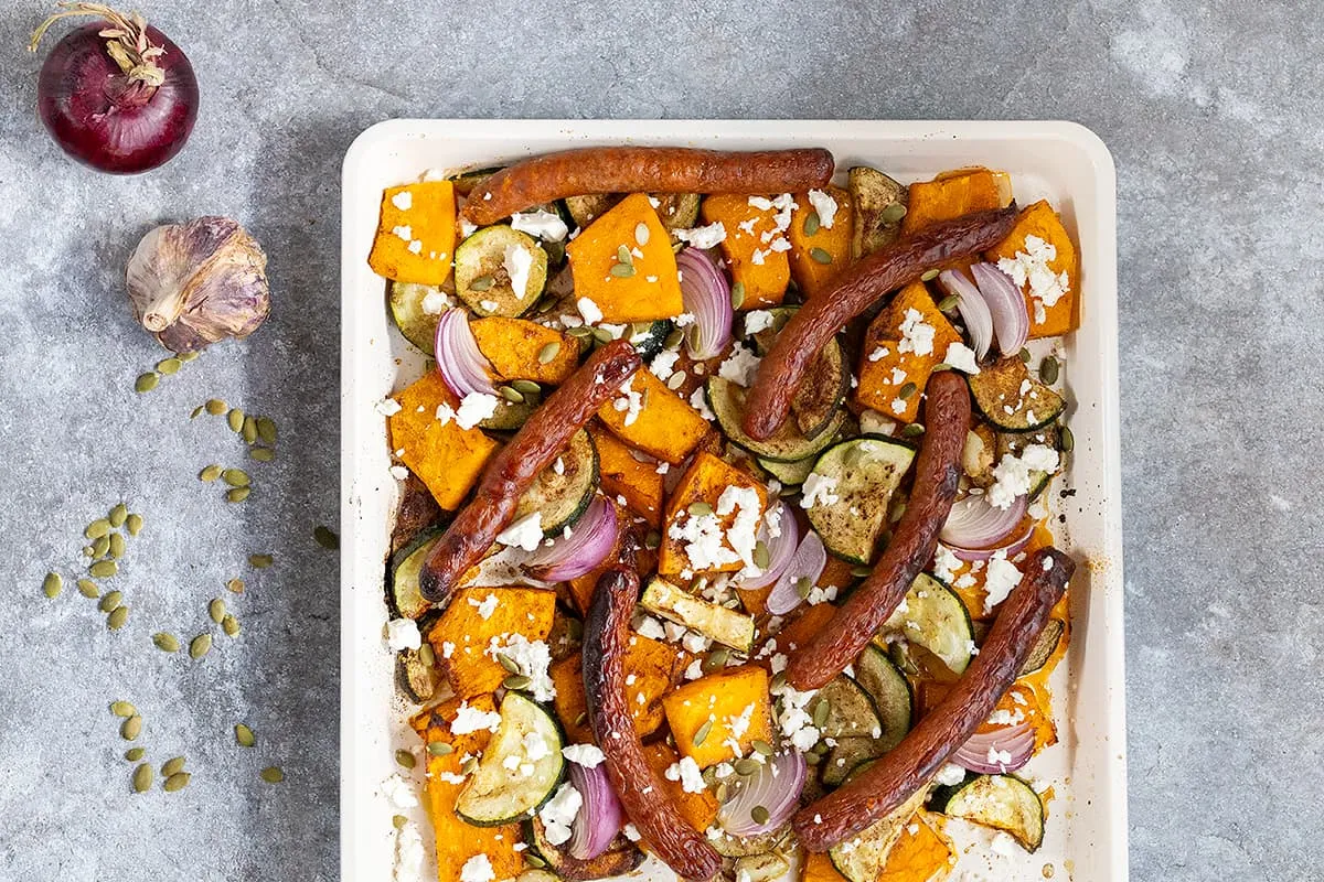 Pumpkin and merguez sausage traybake