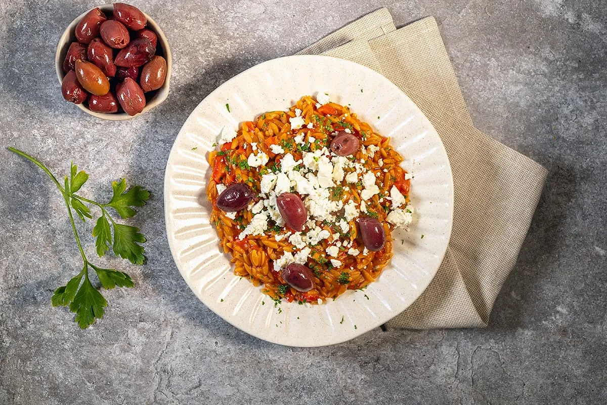 Whole wheat tomato orzo - served with feta and olives