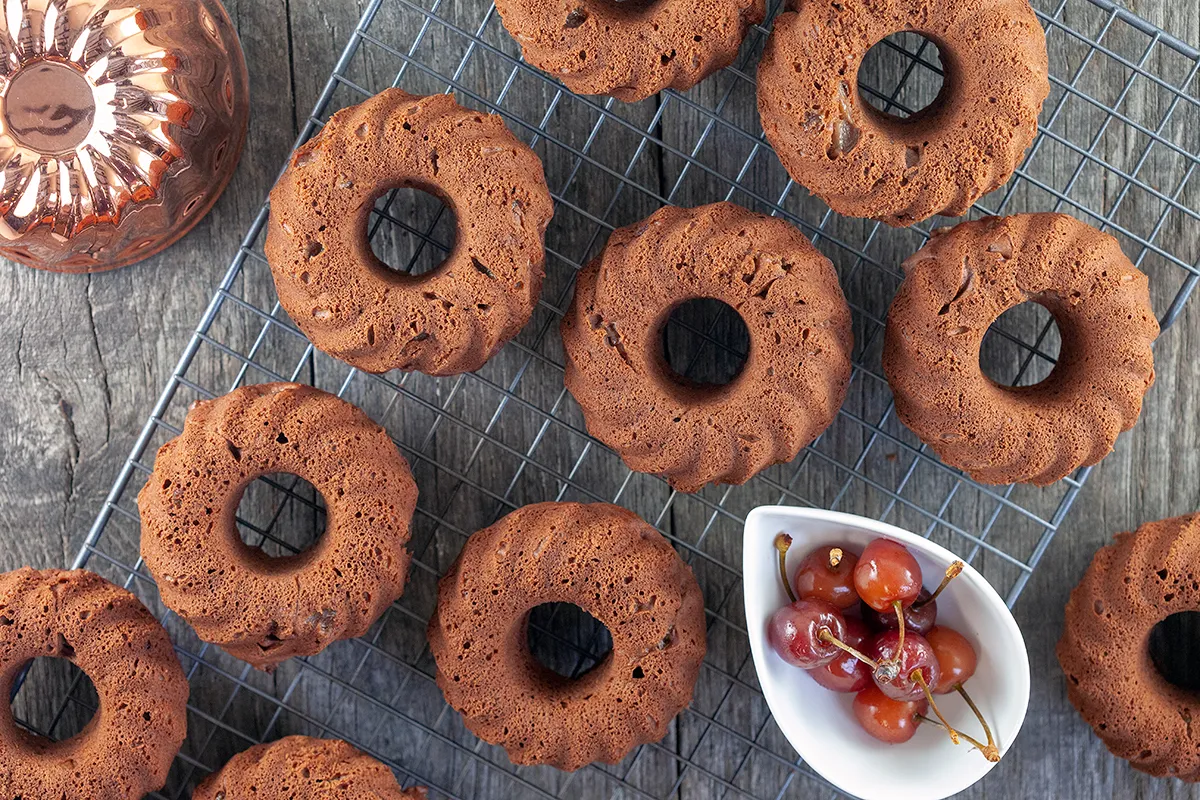 Mini chocolate and cherry bundt cakes