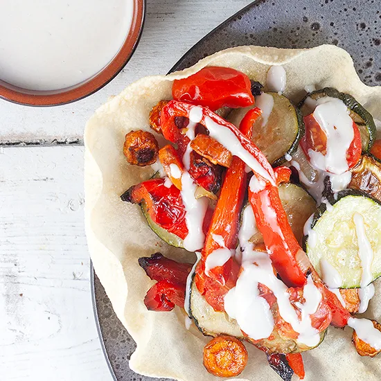 Recipe: Roasted vegetables and tahini sauce poppadoms