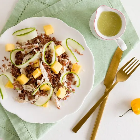 Recipe: Spicy red rice salad with chicken and mango