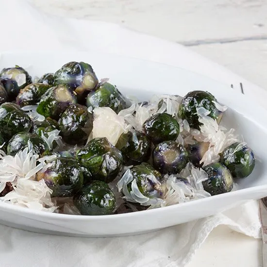Recipe: Oven-roasted purple Brussels sprouts and pomelo
