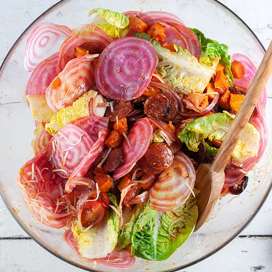 Recipe: Sweet potato, chorizo and chioggia beet salad