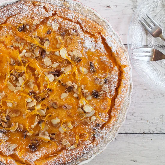 Recipe: Pumpkin pie with candied orange and caramelised almonds