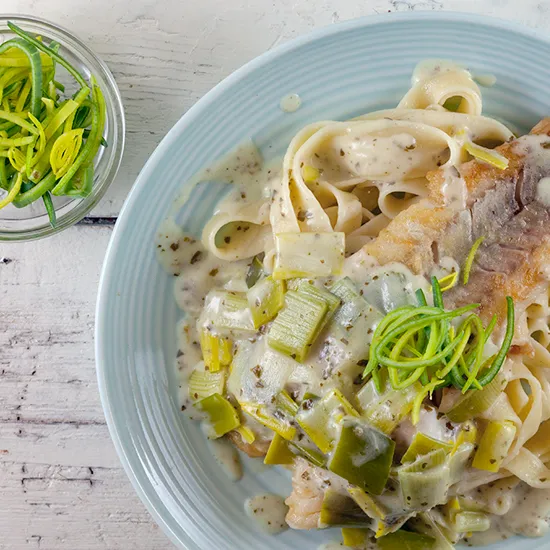 Recipe: Tagliatelle with creamy pesto leeks and cod