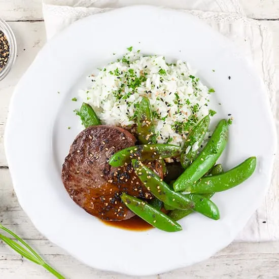 Recipe: Tournedos of beef with sugar snap peas