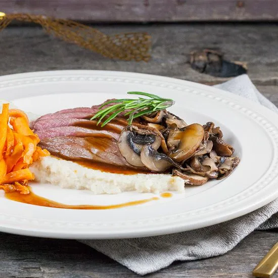 Recipe: Venison steak with roasted cauliflower puree and sweet potato fries