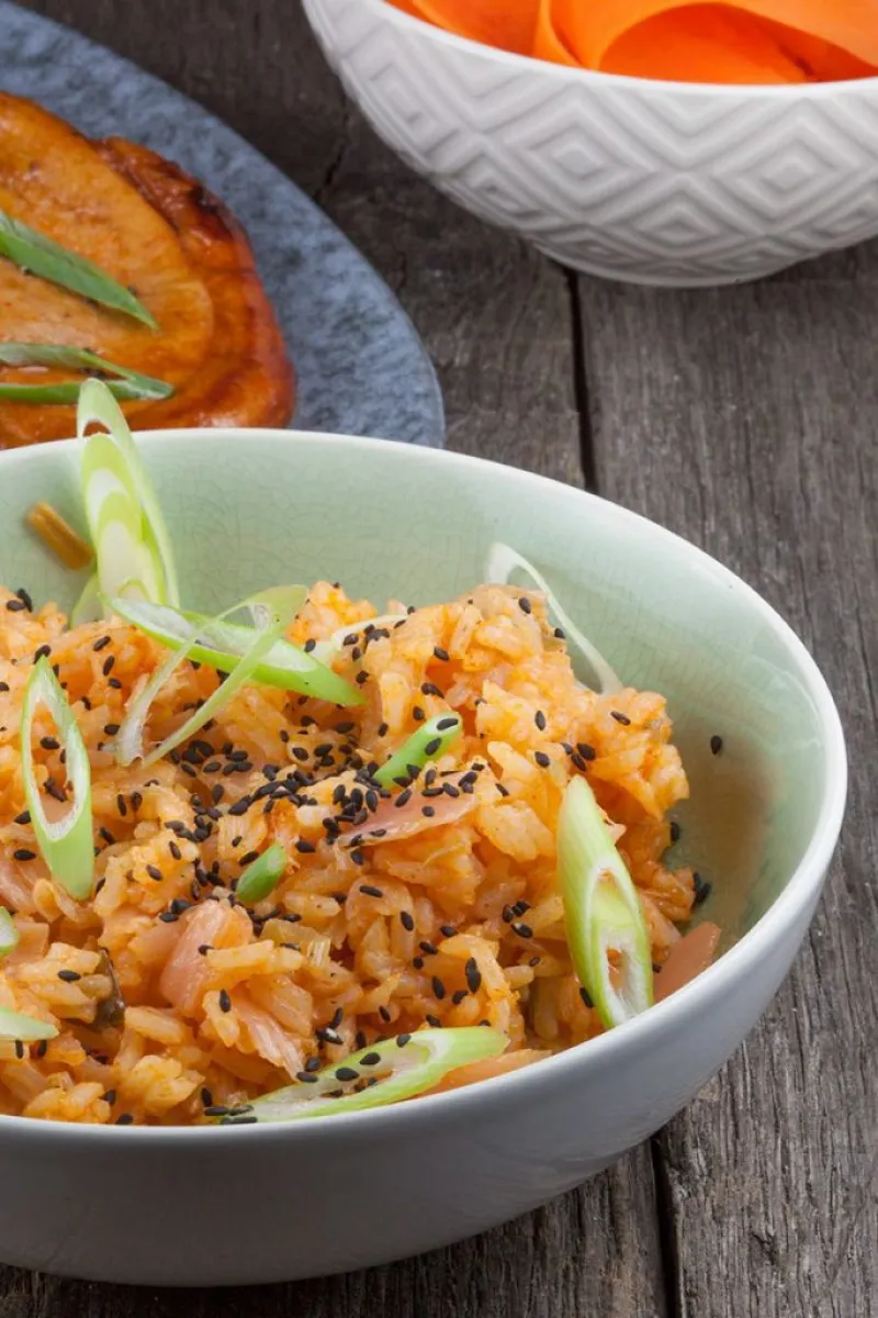 Kimchi fried rice and gochujang pork chops