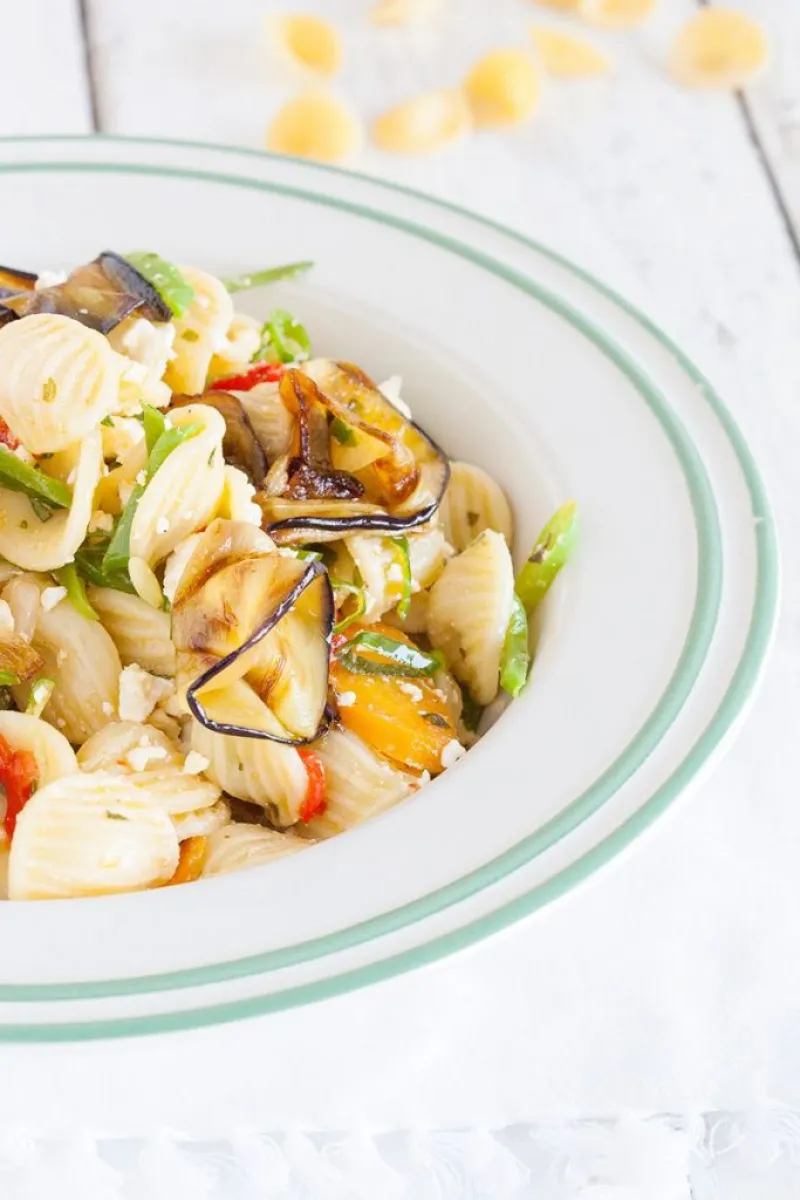 Orecchiette pasta salad with flat beans and spring onions