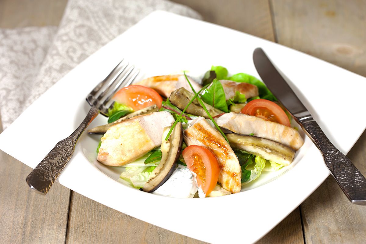 Chicken and roasted aubergine salad