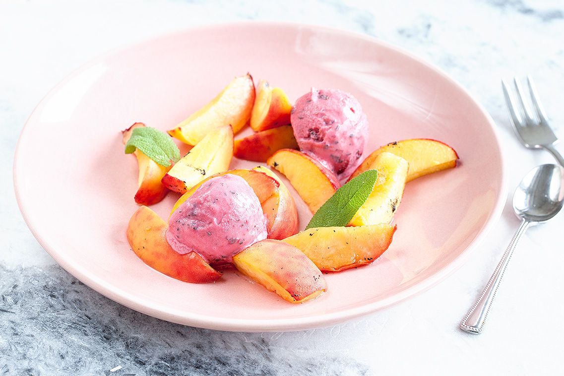 Sage ice cream with oven-roasted peaches