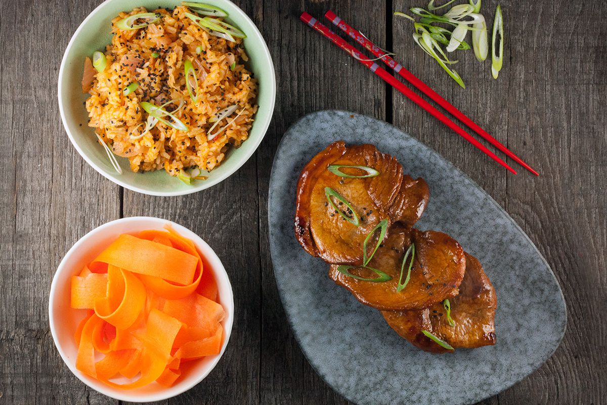 Kimchi fried rice and gochujang pork chops