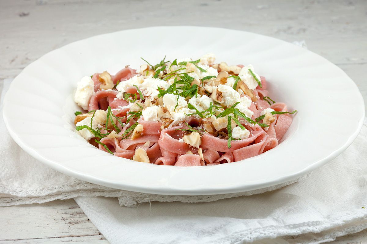 Vegetarian beetroot tagliatelle with feta