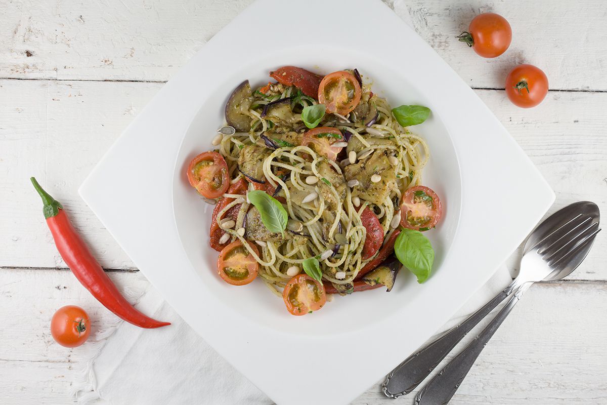 Pesto pasta with roasted vegetables