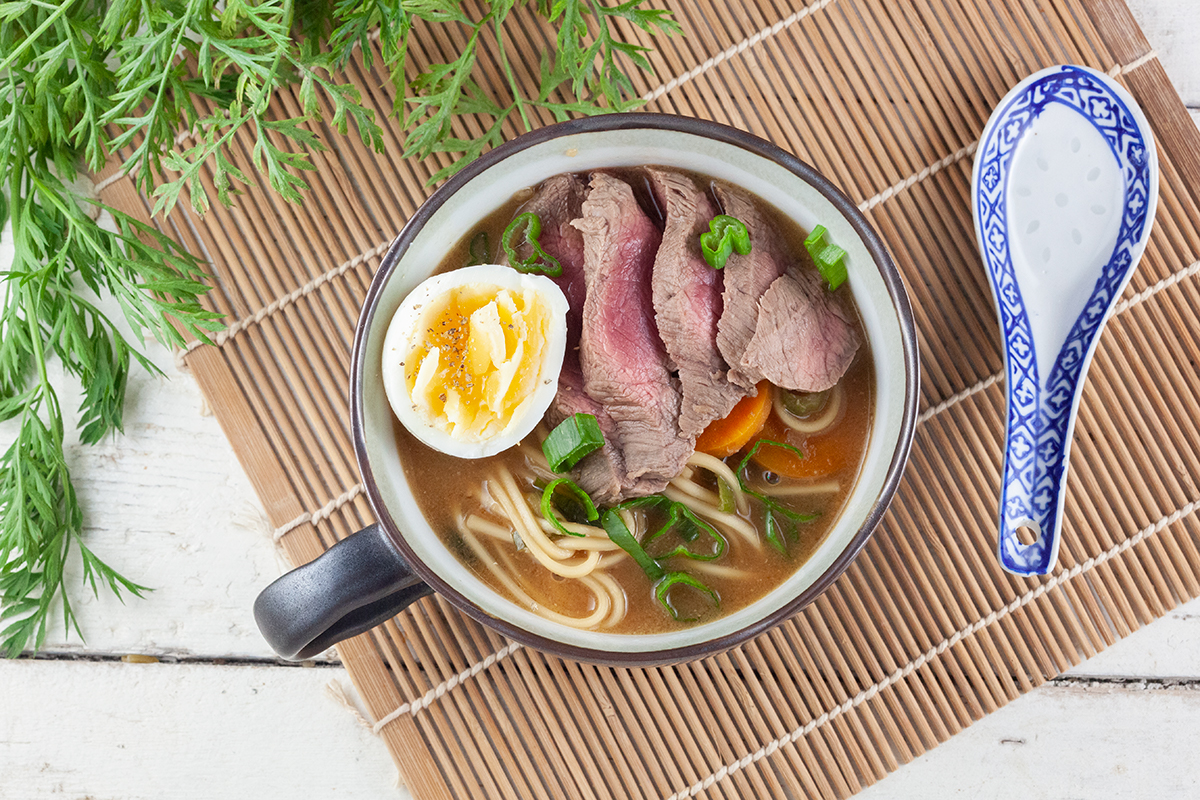 Beef and egg noodle soup