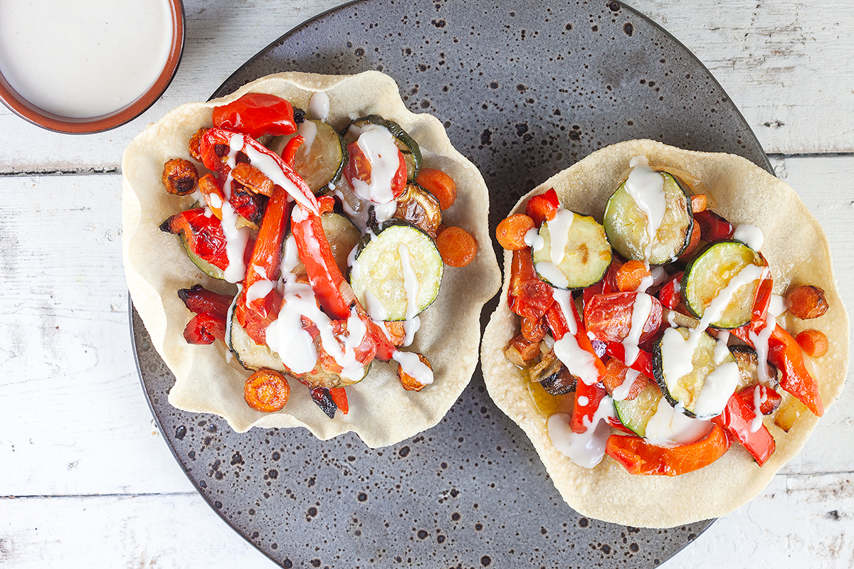 Roasted vegetables and tahini sauce poppadoms